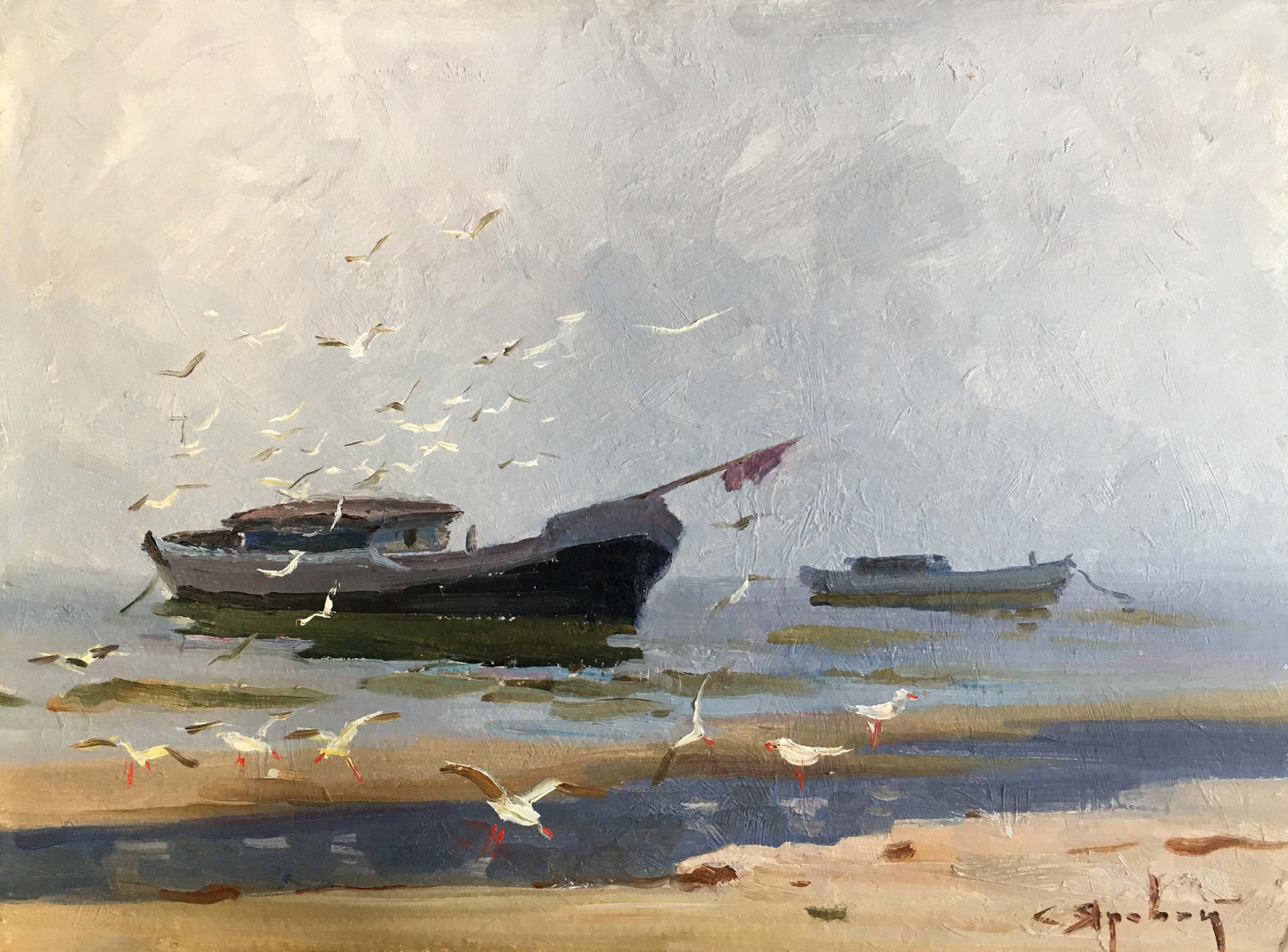 Impressionistic oil painting of dark-hulled fishing boat with red flag near shore by Yarovoy Stepan Kalinovich