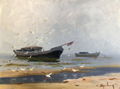 Impressionistic oil painting of dark-hulled fishing boat with red flag near shore by Yarovoy Stepan Kalinovich