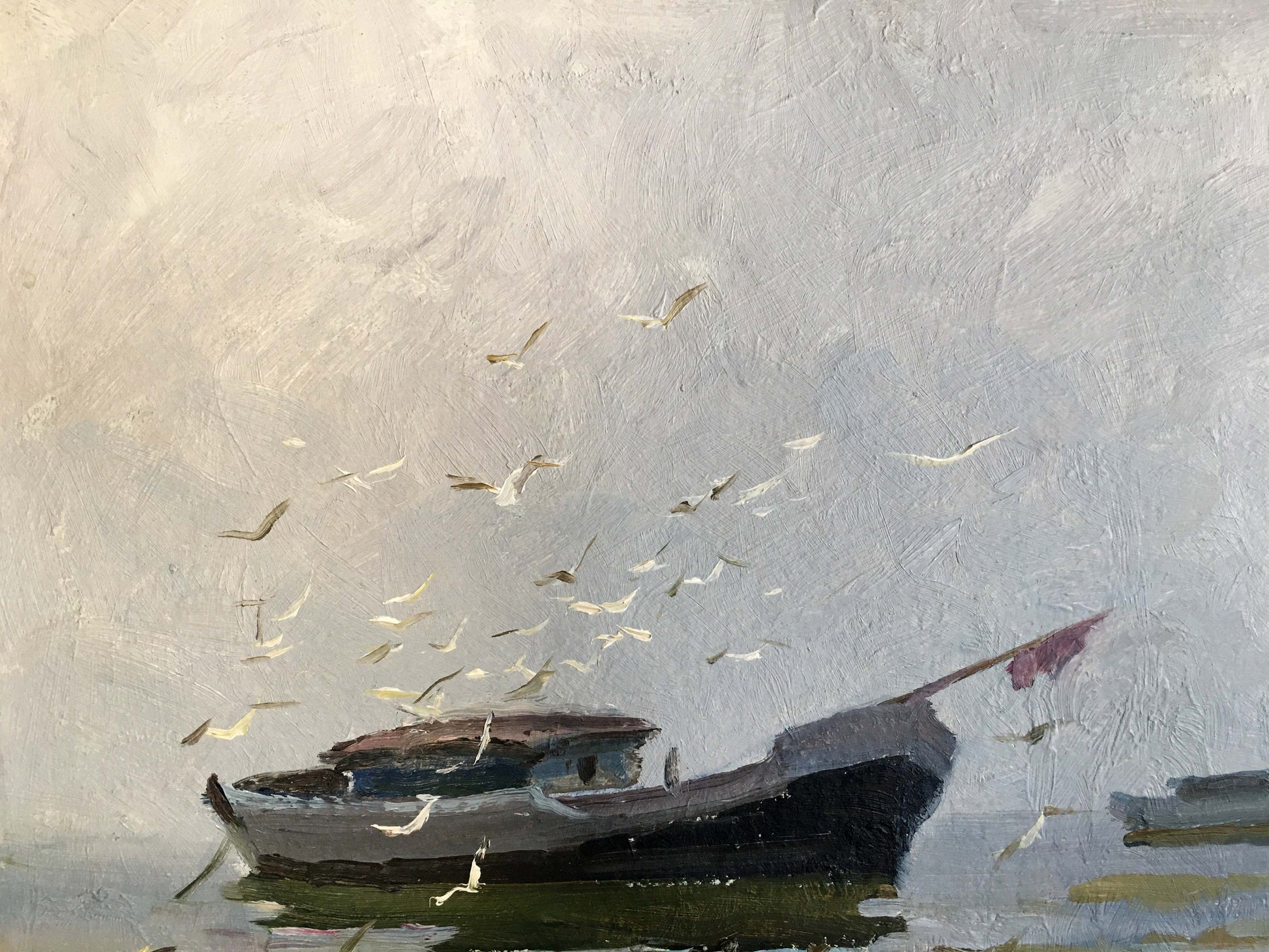 Muted gray black oil painting of Yarovoy Stepan Kalinovich fishing boat near shore with seagulls