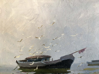 Muted gray black oil painting of Yarovoy Stepan Kalinovich fishing boat near shore with seagulls
