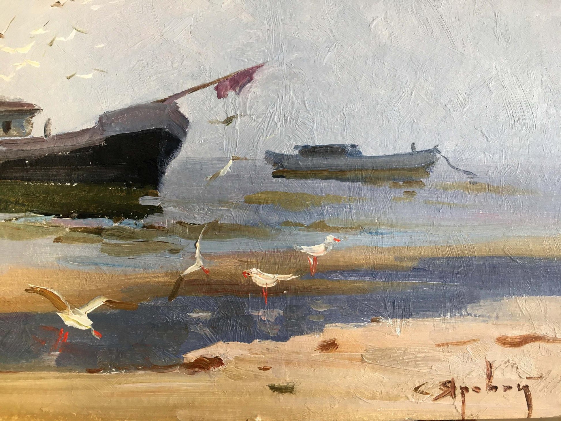 Oil painting Near the shore by Yarovoy Stepan Kalinovich, coastal boats scene