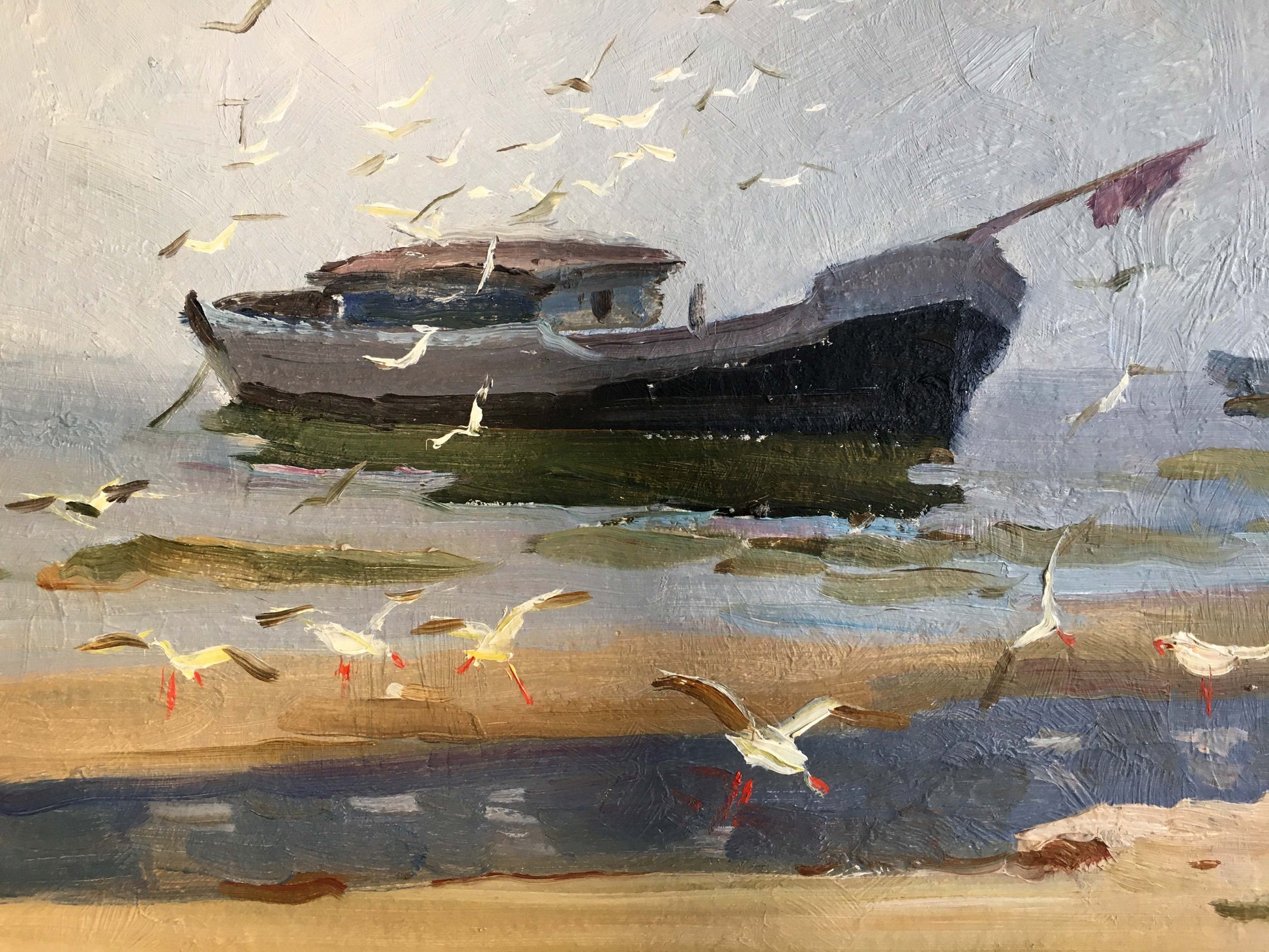 Impressionistic oil painting of dark-hulled fishing boat with red flag near the shore by Yarovoy Stepan Kalinovich