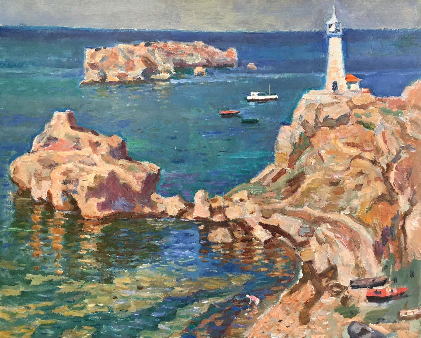 Oil painting by Konovalov V.Y.: white lighthouse on ochre cliffs over turquoise sea