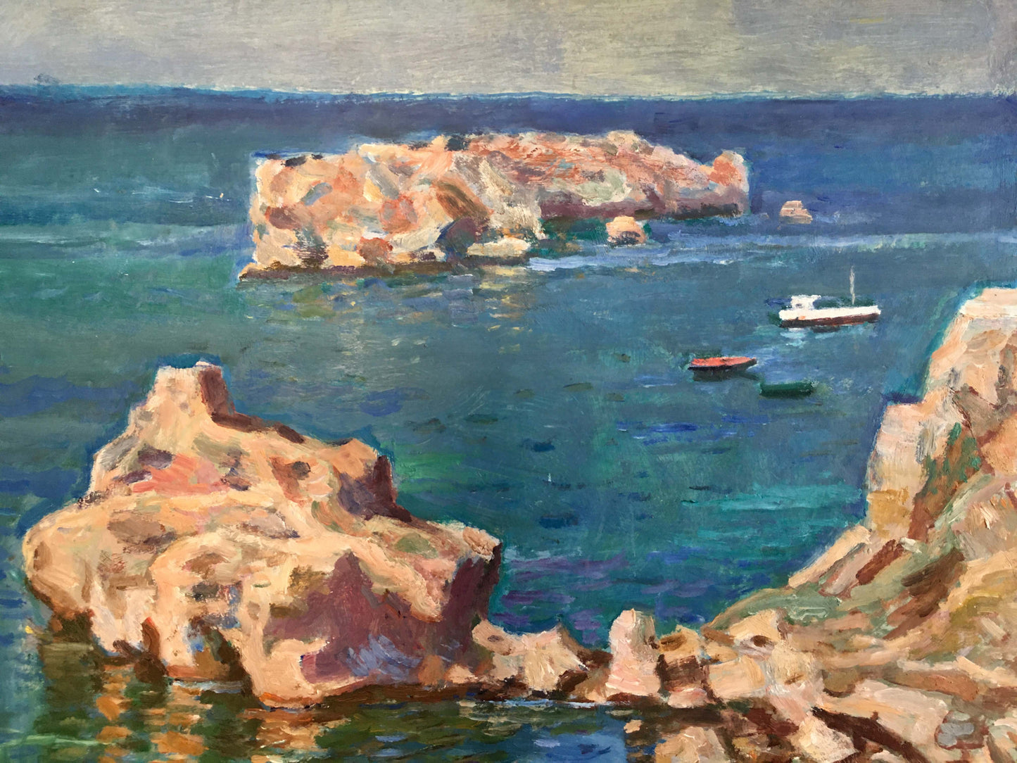 Oil painting by Konovalov V.Y.: textured coastal rocks, turquoise water, boats