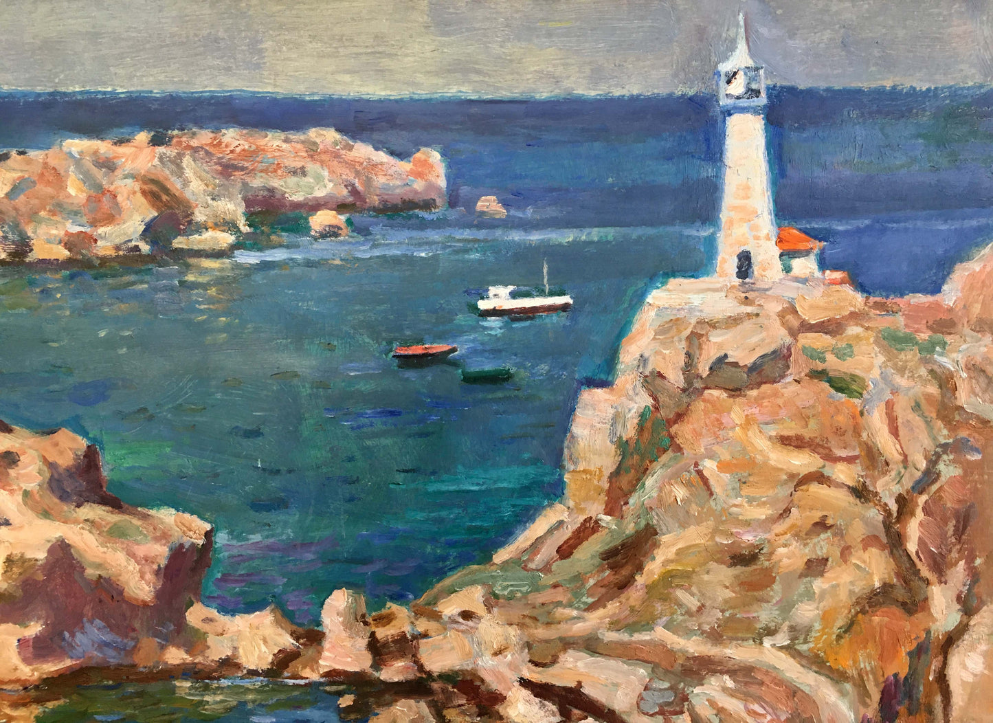 Oil painting of white lighthouse with red roof on rocky cliffs by Konovalov V. Y
