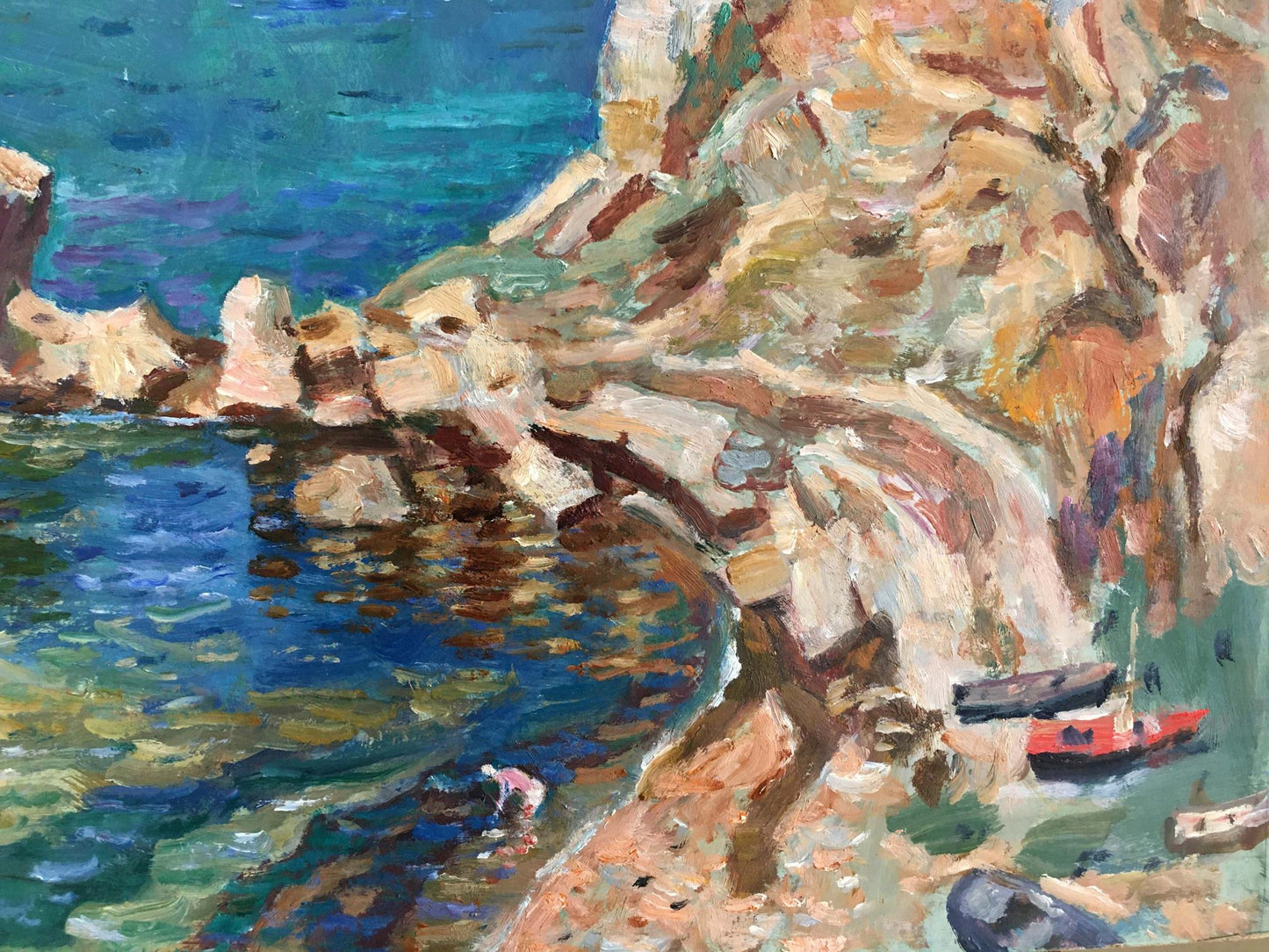 Vibrant impressionist oil painting by Konovalov V.Y. of coastal cliffs, turquoise sea, boats, lighthouse