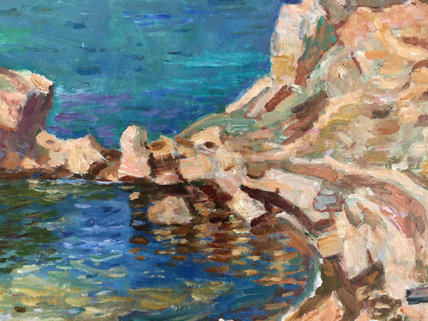 Vibrant impressionist oil painting of rugged cliffs, turquoise water and lighthouse by Konovalov V. Y