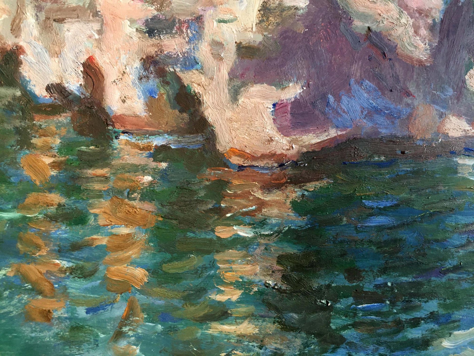 Oil painting by Konovalov V. Y. of rocky shoreline landscape with lighthouse