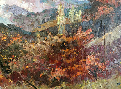 Vibrant autumn oil painting by Fatyushenko Yu. P. with impasto mountains