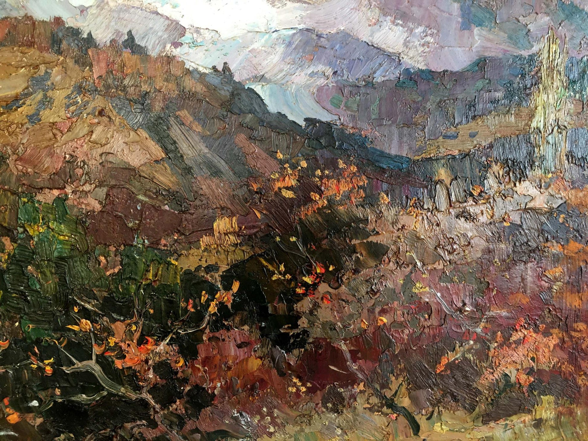 Oil painting of rugged mountains and autumn foliage by Fatyushenko Yu. P