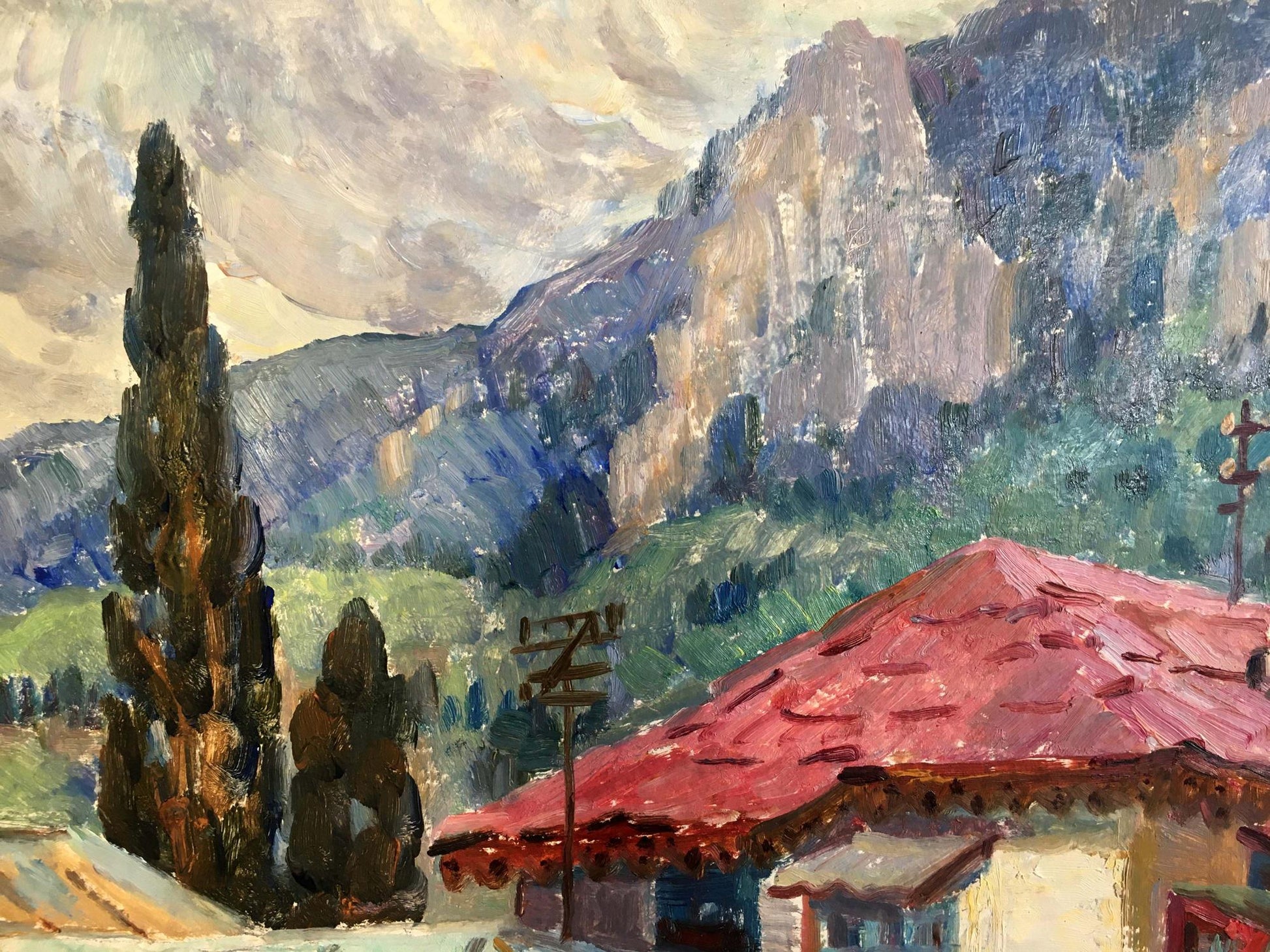 Oil painting Spring in Georgia by Dziuban Ivan Feodosievich: red roof, mountains