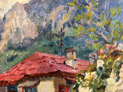 Oil painting Spring in Georgia by Dziuban Ivan Feodosievich: vibrant red tiled roof