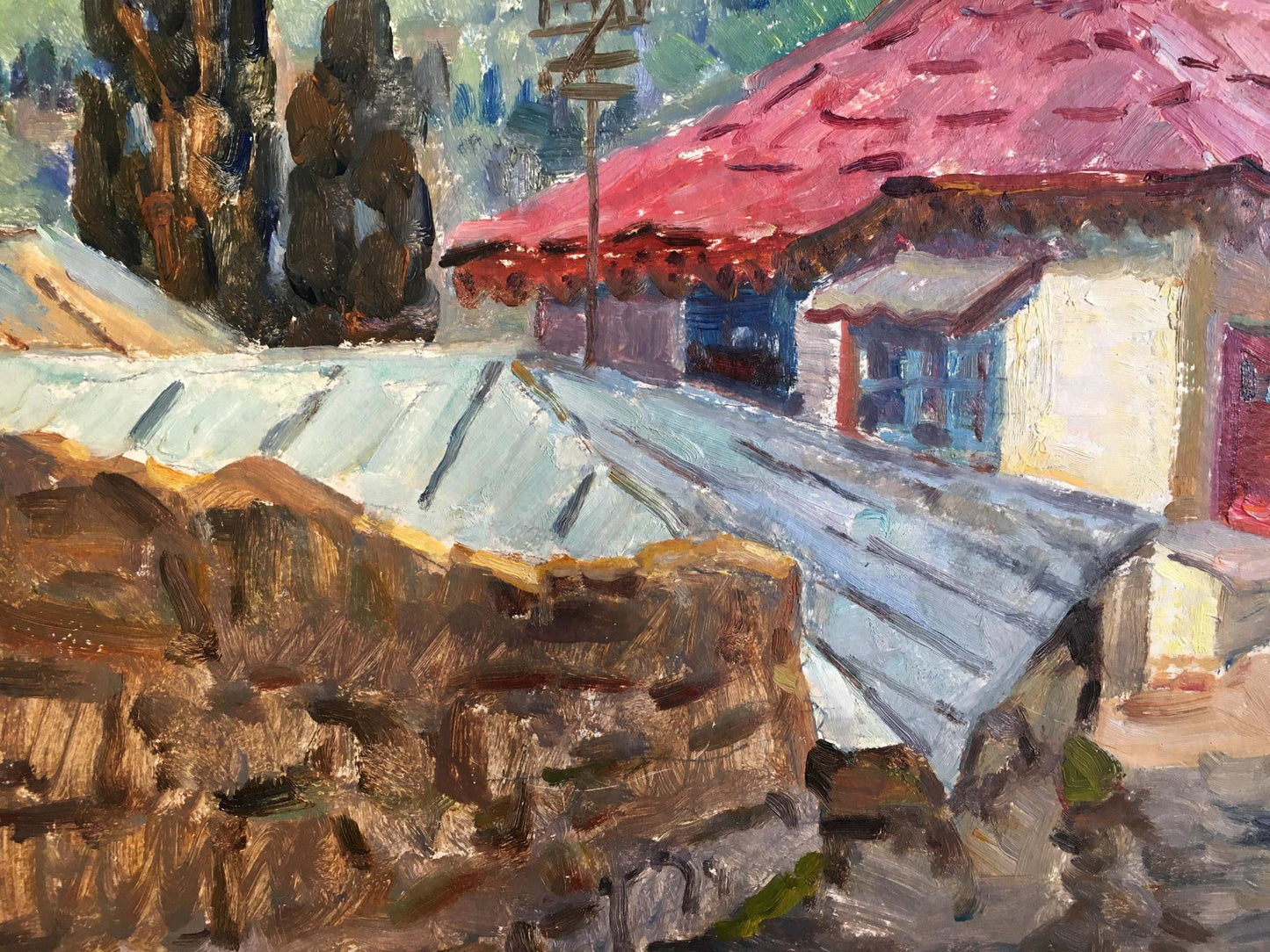 Oil painting Spring in Georgia by Dziuban Ivan Feodosievich, rustic stone wall and red roof