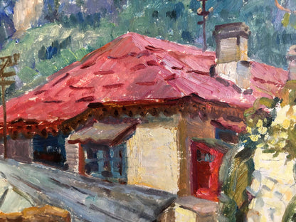Oil painting Spring in Georgia by Dziuban Ivan Feodosievich: red tiled roof, stone chimney
