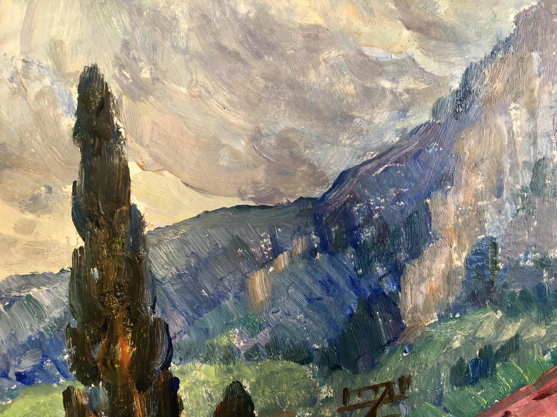 Oil painting Spring in Georgia by Dziuban Ivan Feodosievich: tall cypress tree on hills