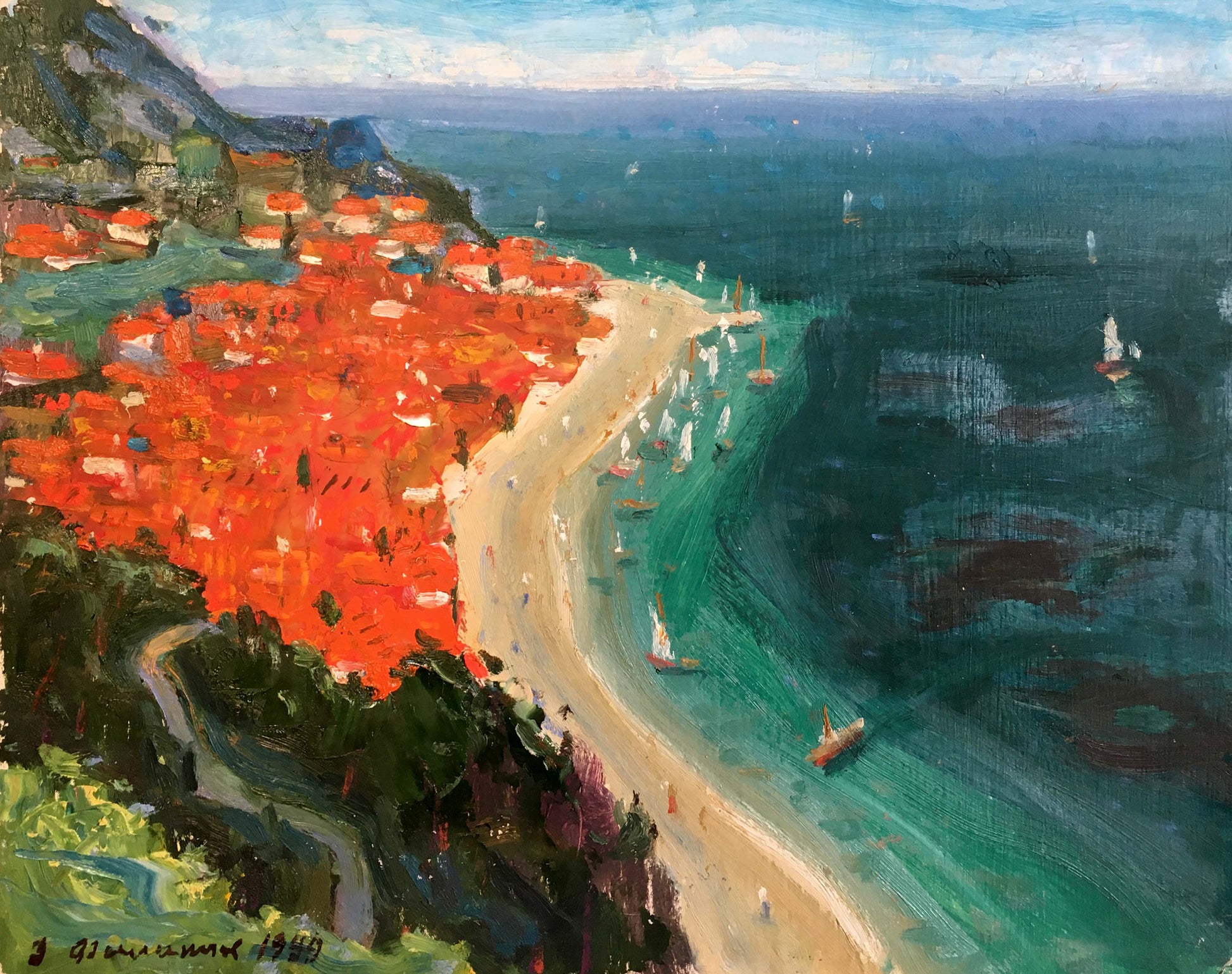 Oil painting by Filippov Z.I. of vibrant coastal town with terracotta roofs