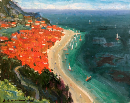 Oil painting by Filippov Z.I. of vibrant coastal town with terracotta roofs