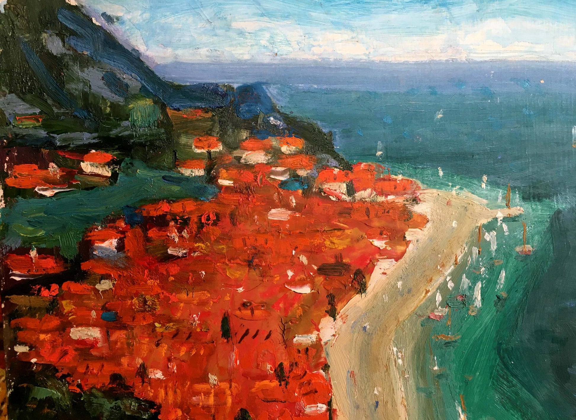 Vibrant red-roofed cliffside village by Filippov Z.I. oil painting