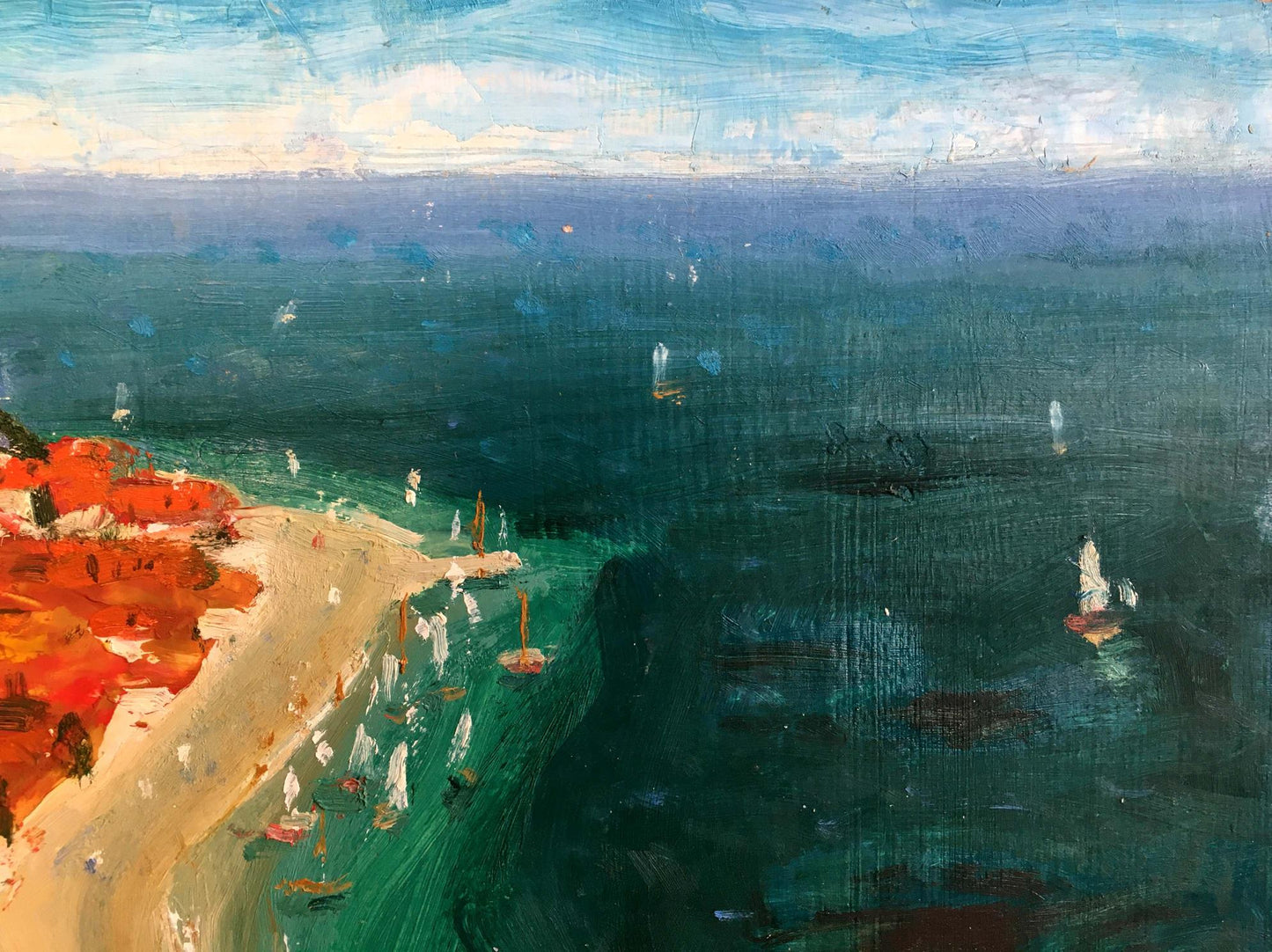 Oil painting Roofs by Filippov Z.I.: vibrant beach with red roofs and sailboats