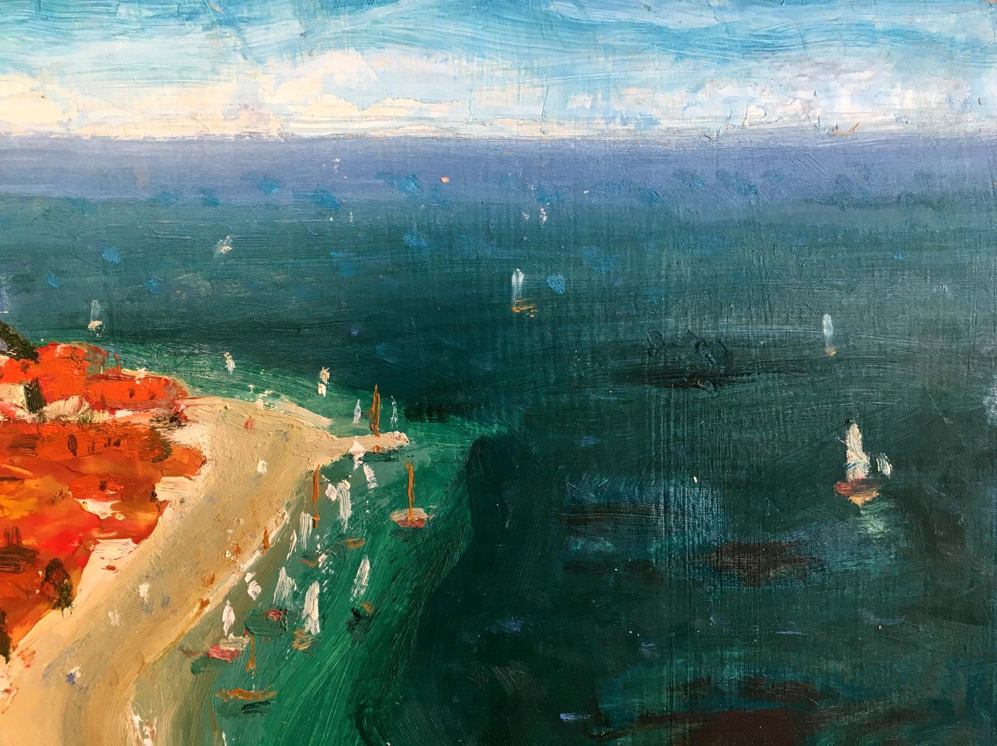 Oil painting Roofs by Filippov Z.I.: vibrant beach with red roofs and sailboats
