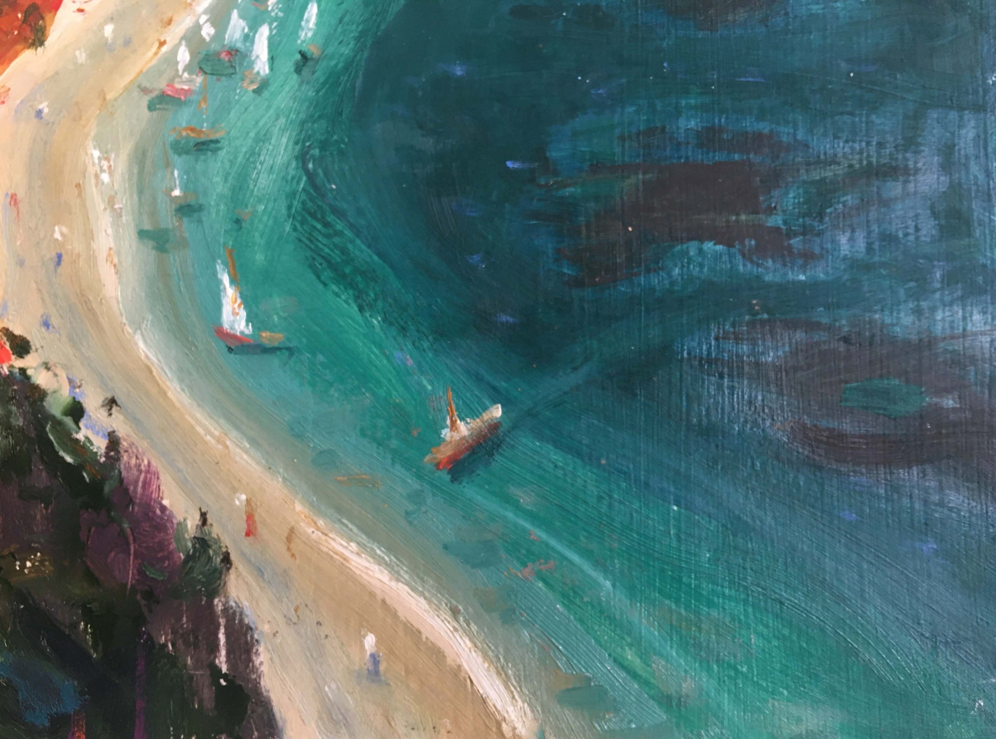 Oil painting by Z.I. Filippov: turquoise waves curling to sailboat beach