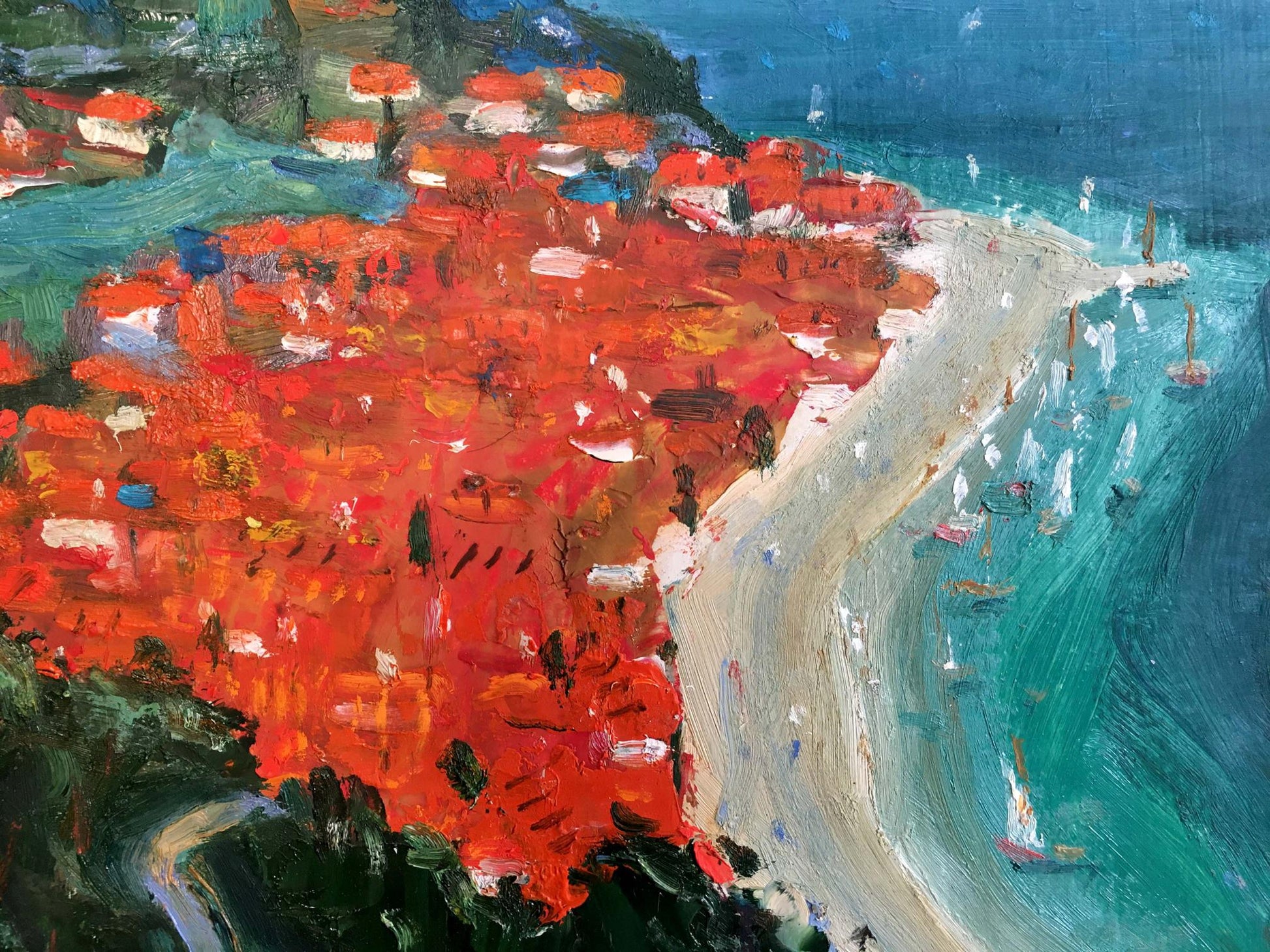 Oil painting Roofs by Filippov Z.I.: red-roofed village on turquoise coast