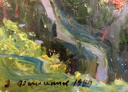 Oil painting Roofs by Filippov Z.I., abstract expressionist with bold textured brushstrokes in greens, blues, earthy tones, signed and dated 1940