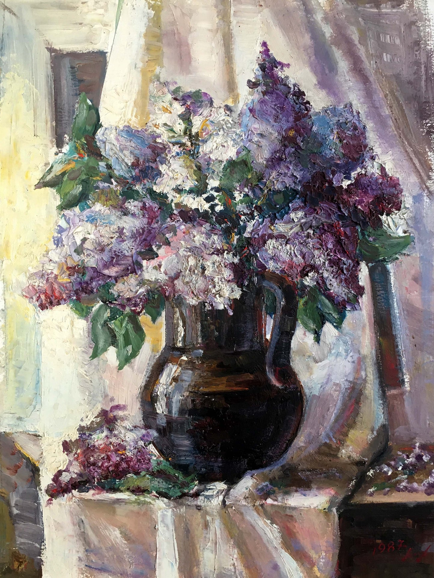 Oil painting Lilac mood: dark glossy ceramic pitcher with purple white lilacs