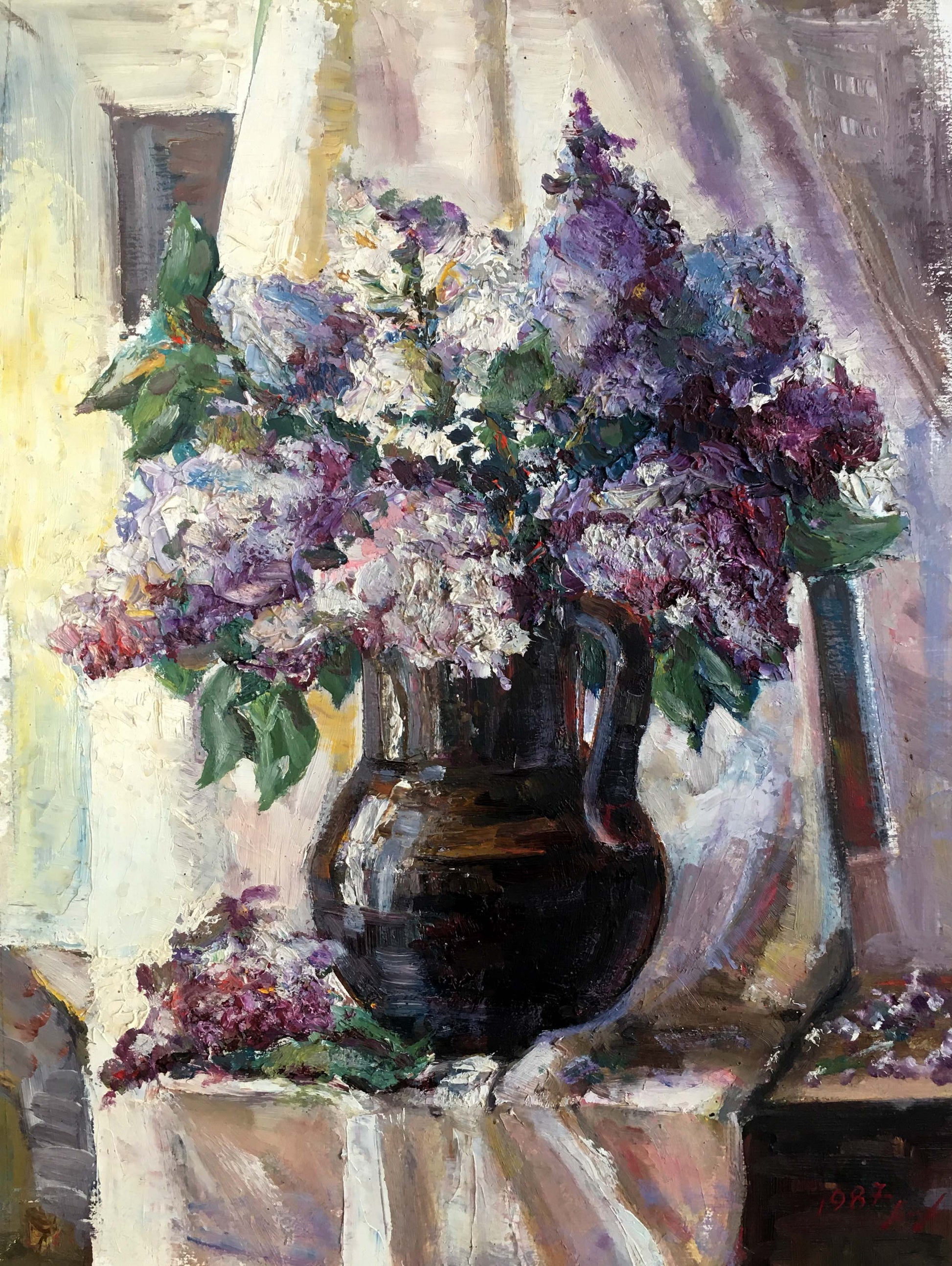 Oil painting Lilac mood: dark glossy ceramic pitcher with purple white lilacs