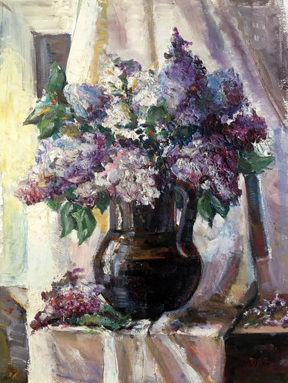 Oil painting Lilac mood: dark glossy ceramic pitcher with purple white lilacs