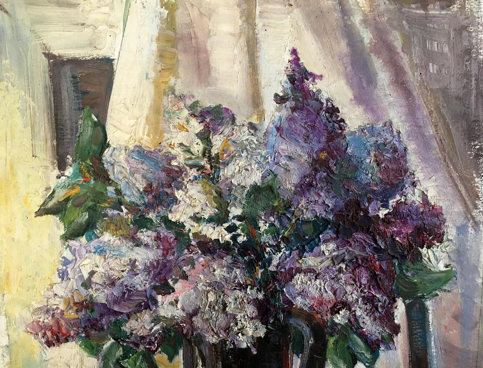 Oil painting Lilac mood: vibrant lilacs in dark vase, impasto strokes