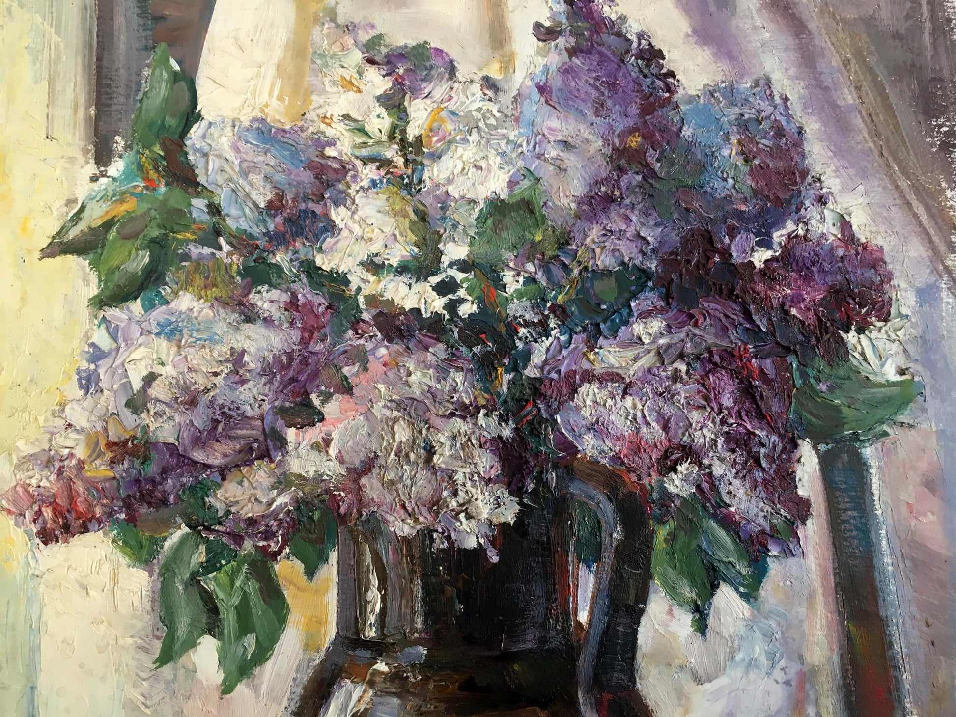 Oil painting Lilac mood: lush lilacs in dark glossy ceramic vase