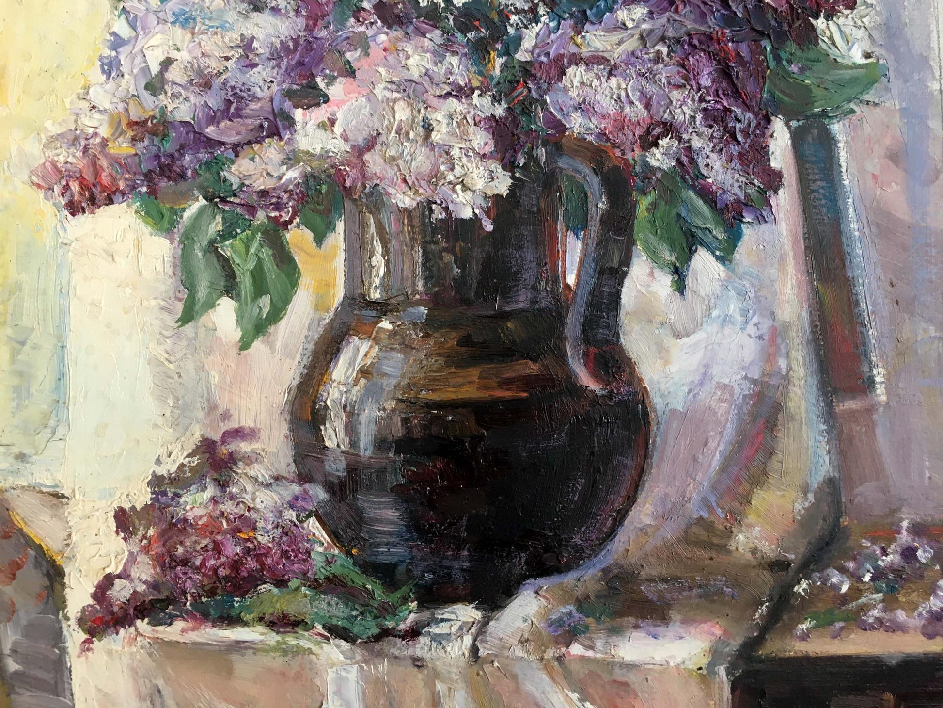 Oil painting Lilac mood: dark ceramic pitcher with purple white lilacs