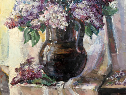 Oil painting Lilac mood: dark ceramic pitcher with purple white lilacs