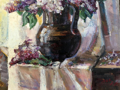Oil painting Lilac mood: dark glossy ceramic pitcher with purple white lilacs