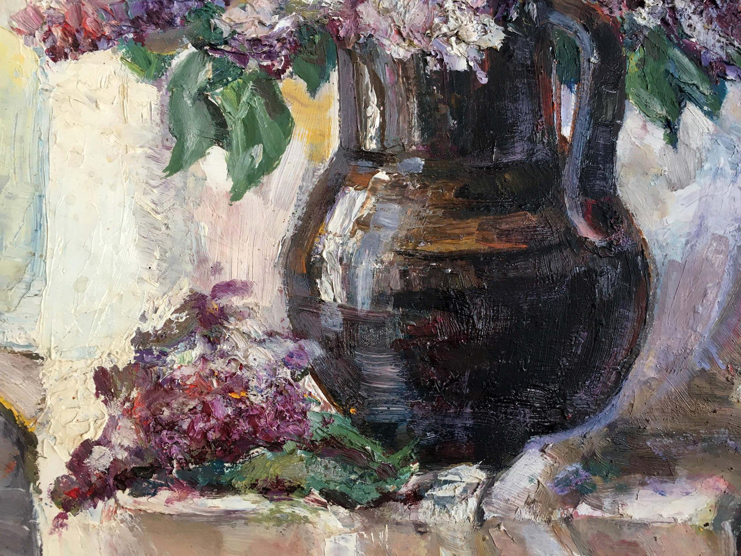 Oil painting Lilac mood: dark glossy vase with curved handle holding purple white lilacs