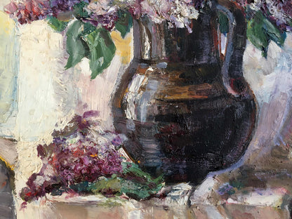 Oil painting Lilac mood: dark glossy vase with curved handle holding purple white lilacs