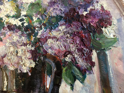 Oil painting Lilac mood: vibrant impasto bouquet in purples and whites