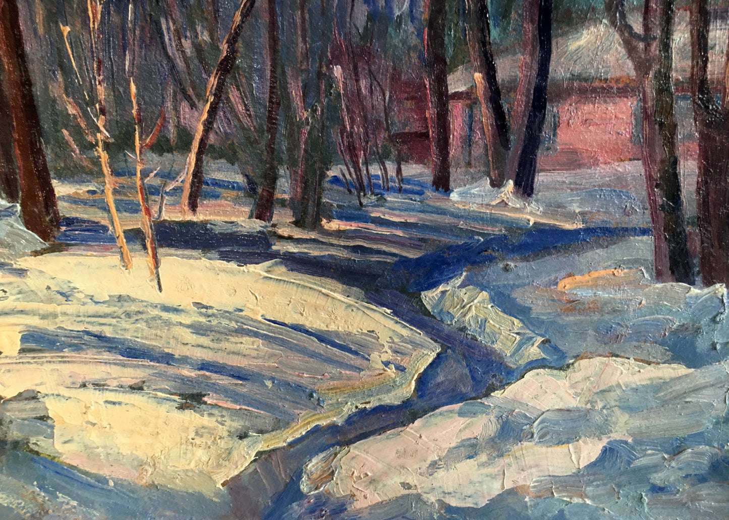 Oil painting of textured impressionist snowy forest path in winter landscape