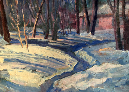 Oil painting of textured impressionist snowy forest path in winter landscape