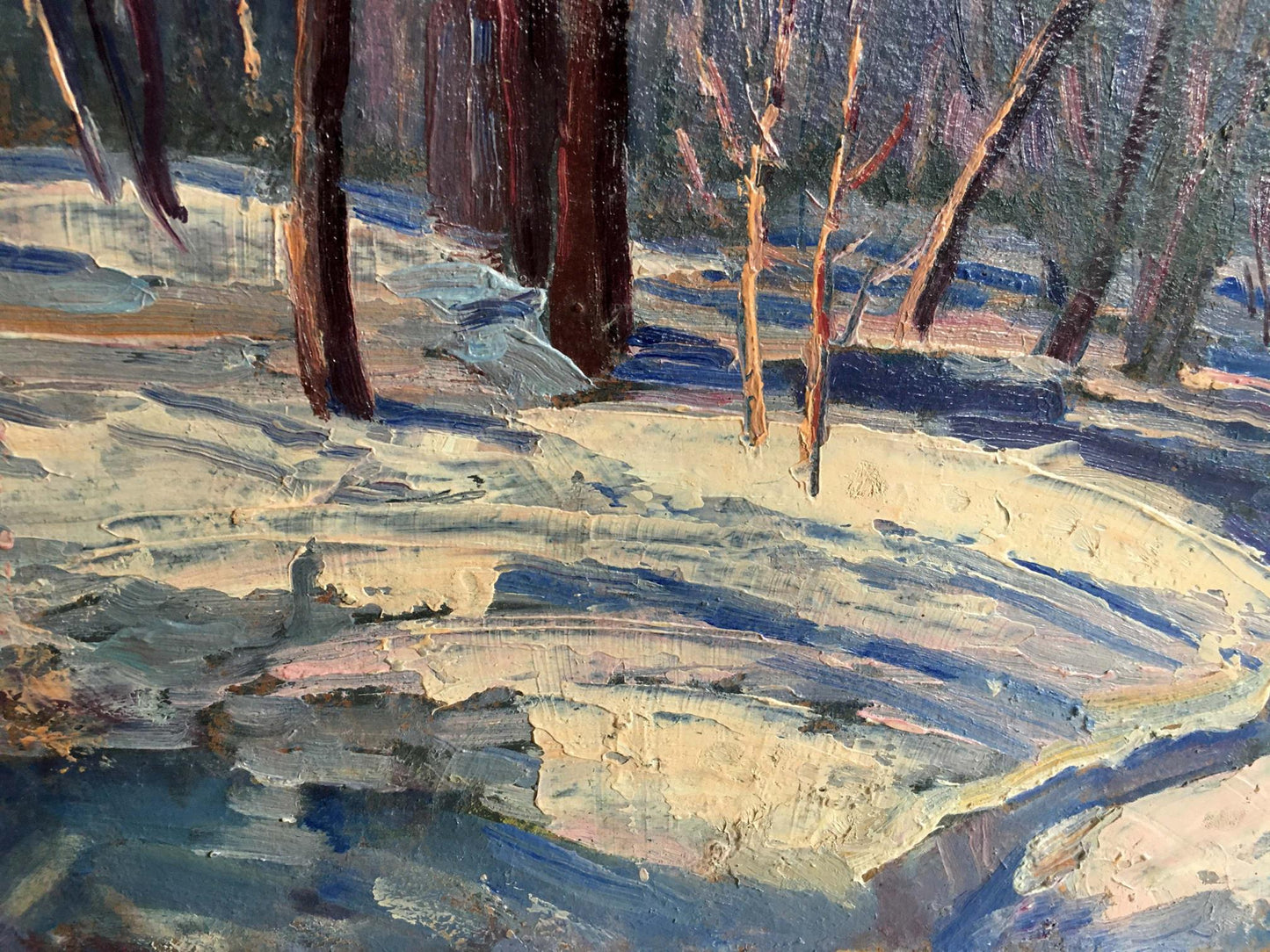 Oil painting of textured impressionist winter forest landscape in snow