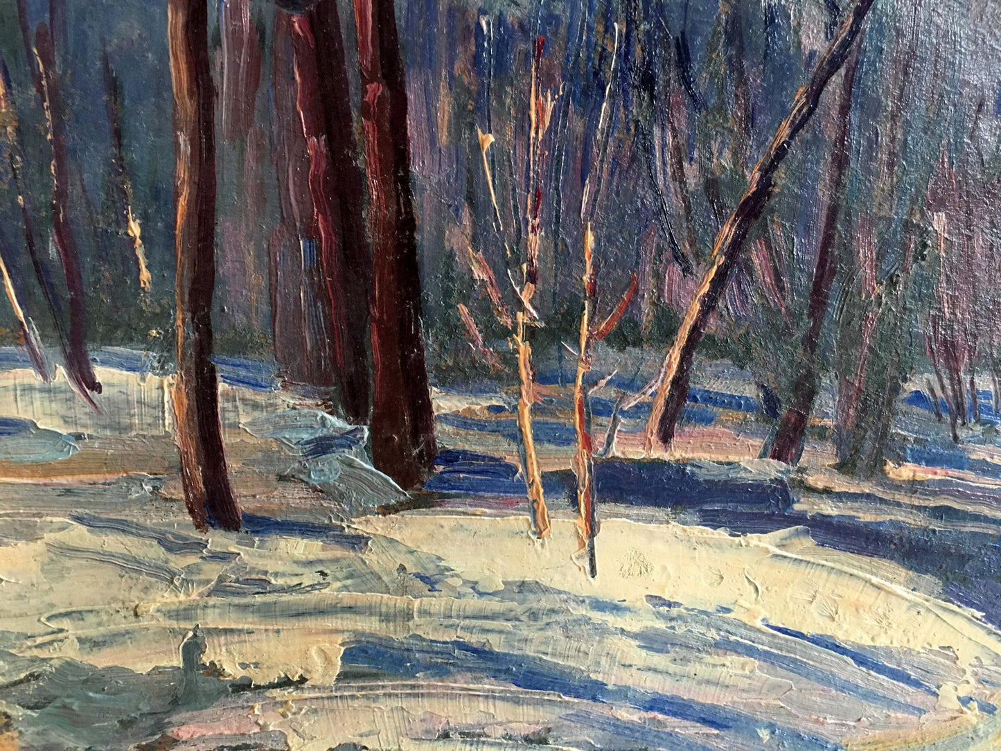 Oil painting of winter forest landscape with snowy trees and purple sky