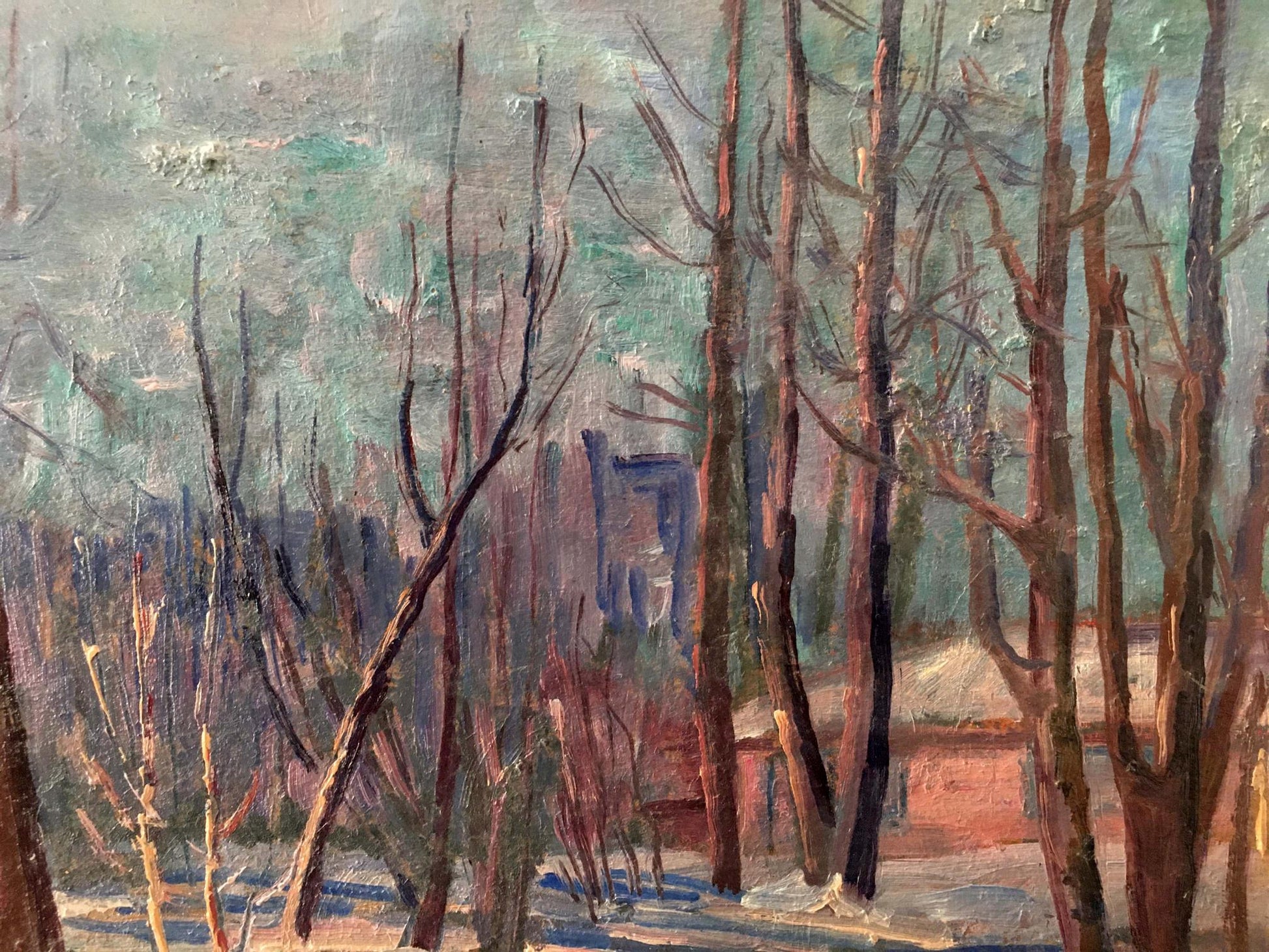 Oil painting of winter forest landscape with bare reddish-brown trees