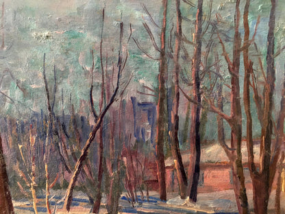 Oil painting of winter forest landscape with bare reddish-brown trees