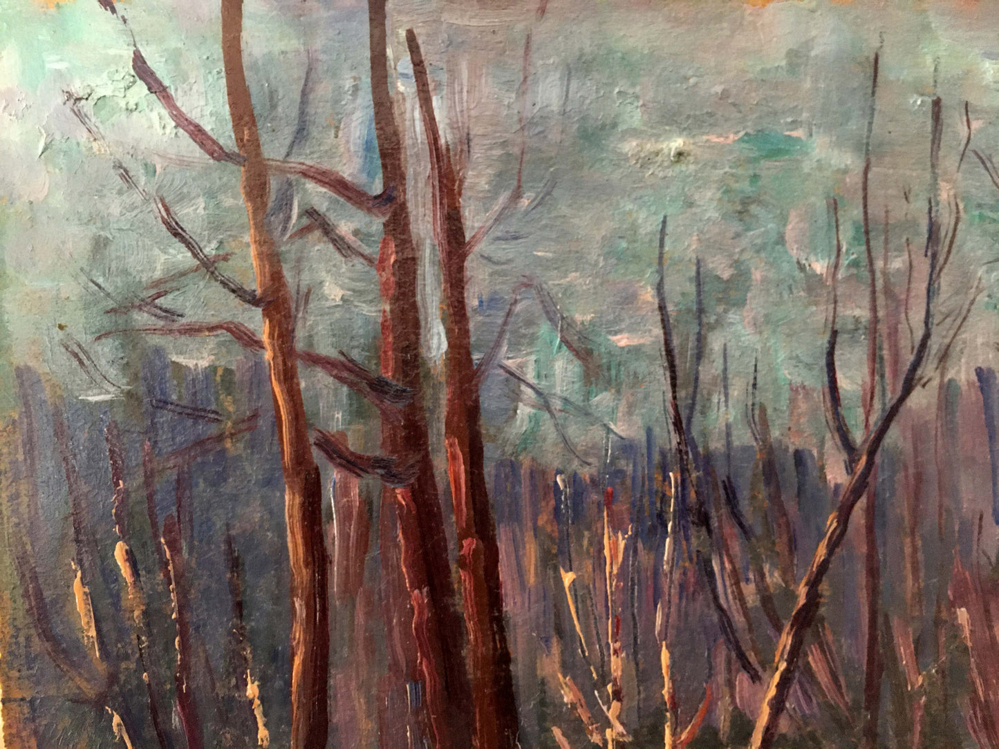 Oil painting of winter forest landscape with tall tree trunks
