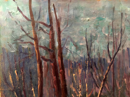 Oil painting of winter forest landscape with tall tree trunks