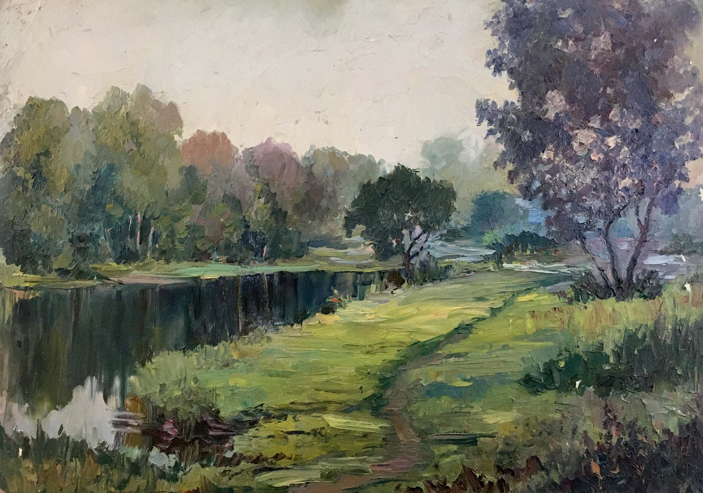 Serene impressionist oil painting: Rest in the summer forest, tranquil river scene