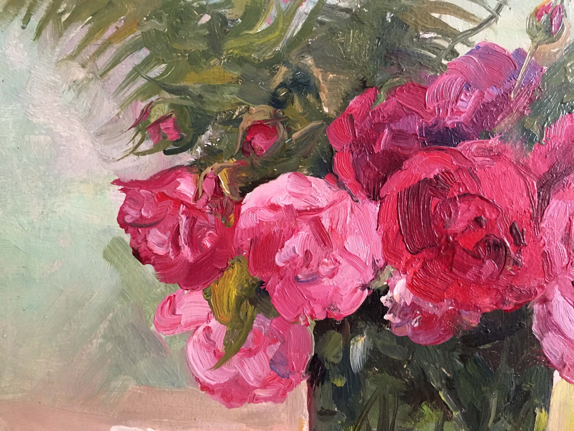 Vibrant pink peonies oil painting by Konovalyuk Fedor Zotikovich