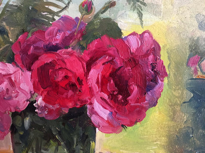 Vibrant pink and red peonies oil painting by Konovalyuk Fedor Zotikovich