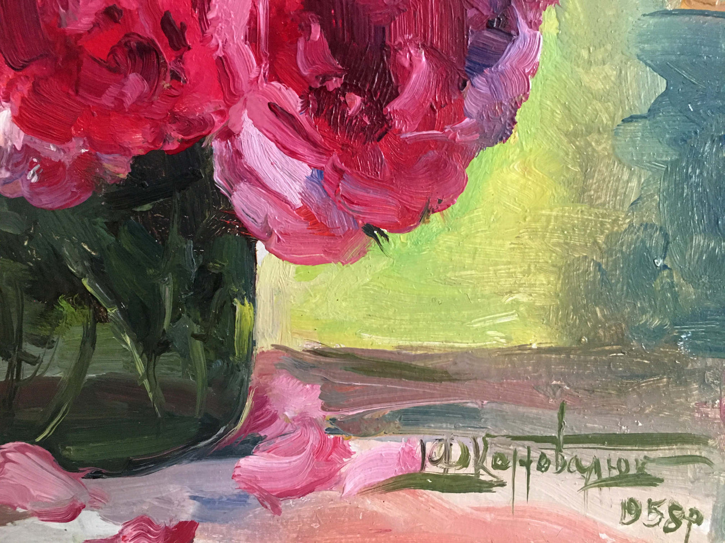Oil painting of vibrant pink peonies in dark green glass vase by Konovalyuk Fedor Zotikovich